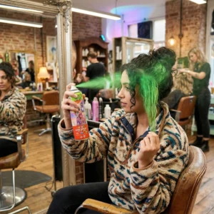 Mujer aplicando laca de color verde intenso en un mechón de pelo para un cambio de look rápido y profesional.