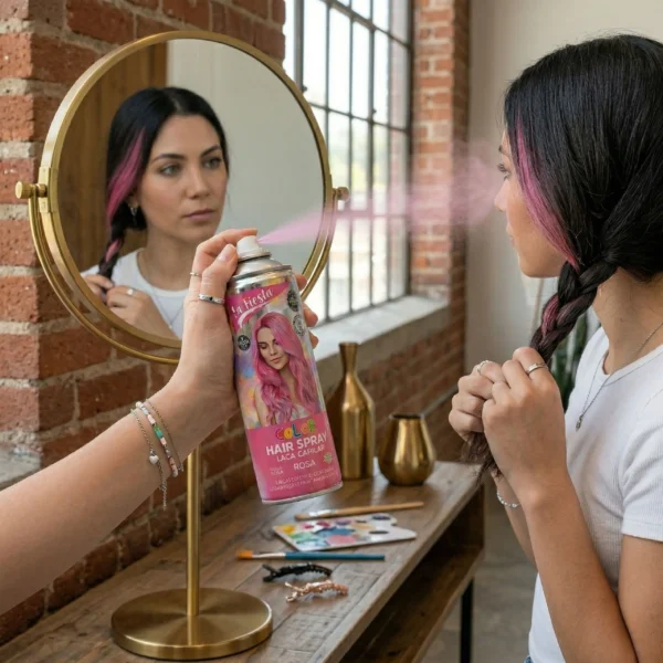 Una mujer joven frente a un espejo circular aplicando el spray de color rosa en una sección de su cabello trenzado. Se ve el reflejo de su rostro mientras rocía el producto en un ambiente luminoso con paredes de ladrillo.