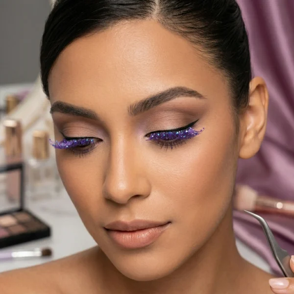 Primer plano de una mujer usando pestañas postizas moradas con brillo y sombras violetas para un look de fiesta profesional.