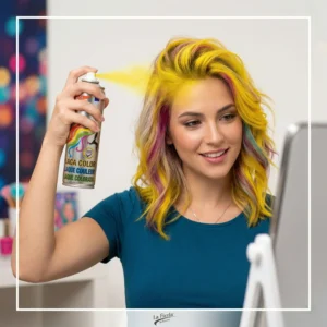 Mujer aplicándose spray de color amarillo frente al espejo para lograr mechas temporales vibrantes de forma rápida y sencilla.
