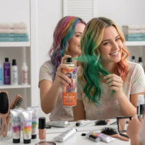 Mujer aplicando spray de color verde en un mechón de pelo frente al espejo para lograr un look de fantasía instantáneo.