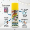 Infografía de spray para teñir pelo que muestra beneficios: color temporal de fiesta, fácil de lavar con champú, fijación fuerte y formato viaje.