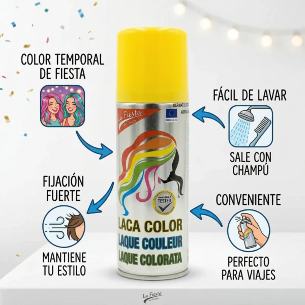 Infografía de spray para teñir pelo que muestra beneficios: color temporal de fiesta, fácil de lavar con champú, fijación fuerte y formato viaje.