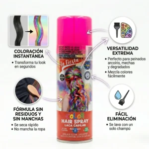 Gráfico informativo que explica que el producto ofrece color al instante, es versátil para mezclar colores, no mancha la ropa y se quita con un solo lavado.