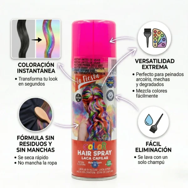 Gráfico informativo que explica que el producto ofrece color al instante, es versátil para mezclar colores, no mancha la ropa y se quita con un solo lavado.