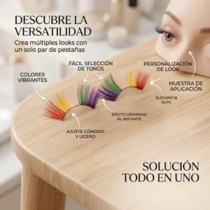 Infografía de pestañas postizas multicolor mostrando beneficios: fibras sintéticas suaves, diseño arcoíris único y estilo dramático para eventos.