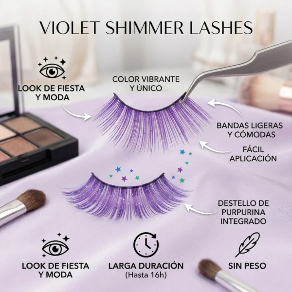 Infografía de pestañas postizas moradas detallando beneficios como larga duración, peso ligero y destellos de purpurina integrados.