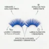 Infografía mostrando un par de pestañas postizas azules con texto resaltando beneficios como color vibrante, estilo de pico impactante, ligero, cómodo y larga duración.