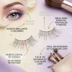 Infografía detallada que muestra los beneficios de las pestañas postizas de colores: ligeras, cómodas y perfectas para looks de festivales y eventos.