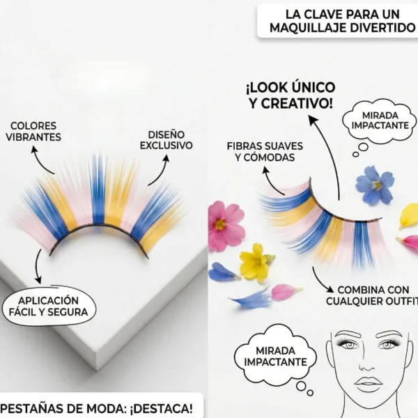 Infografía de pestañas de colores que destaca características como diseño exclusivo, fibras suaves, aplicación fácil y mirada impactante