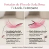 Infografía detallada sobre pestañas de seda rosa destacando su textura natural, ligereza extrema y diseño hipoalergénico.