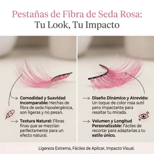 Infografía detallada sobre pestañas de seda rosa destacando su textura natural, ligereza extrema y diseño hipoalergénico.