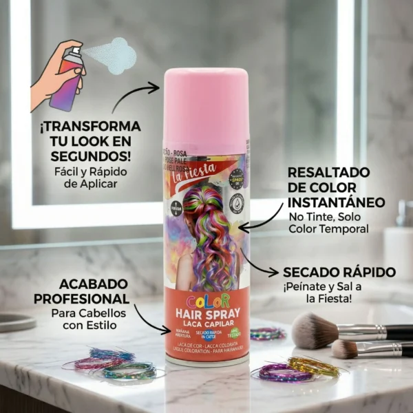 Infografía del spray de color rosa mostrando sus beneficios en español: transformación en segundos, resultado de color instantáneo, secado rápido y acabado profesional, con pinceles de maquillaje al lado sobre una encimera de mármol.