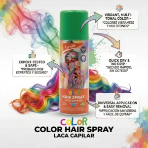 Infografía del spray de color para el pelo detallando beneficios: color vibrante multitonal, secado rápido, sin goteo y fácil eliminación.