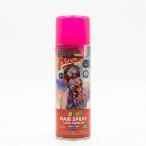 Bote de laca capilar de color rosa con diseño colorido y etiqueta que indica que es un producto fabricado en España, ideal para cambios de look temporales.