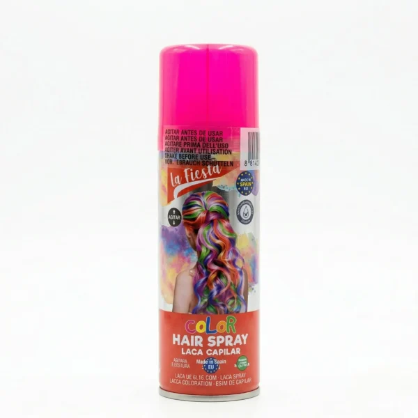 Bote de laca capilar de color rosa con diseño colorido y etiqueta que indica que es un producto fabricado en España, ideal para cambios de look temporales.