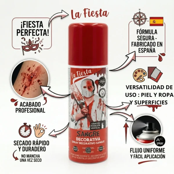 Infografía que muestra las ventajas del spray de sangre: acabado profesional, secado rápido, no mancha una vez seco, fórmula segura fabricada en España y uso versátil en piel, ropa y superficies.