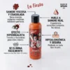 Infografía detallando los beneficios de la sangre decorativa viscosa: efecto hiperrealista, secado con coágulos, olor a sangre real, hipoalergénica y fácil de eliminar con agua.