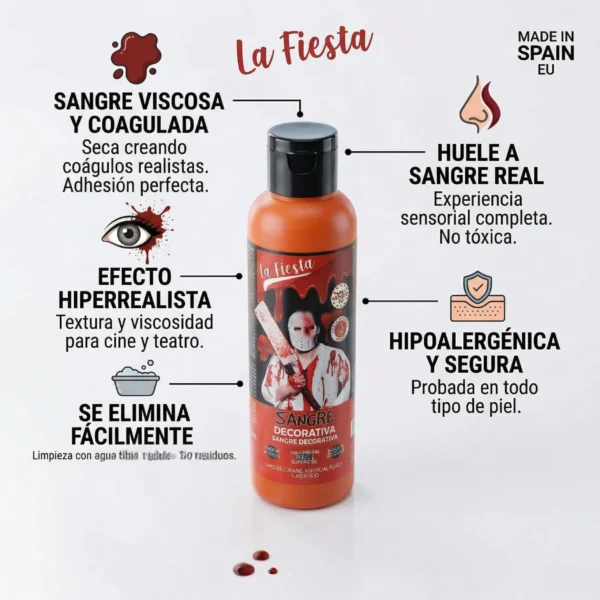 Infografía detallando los beneficios de la sangre decorativa viscosa: efecto hiperrealista, secado con coágulos, olor a sangre real, hipoalergénica y fácil de eliminar con agua.