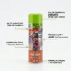 Infografía de spray pelo color temporal que destaca cobertura total, fórmula ligera y apto para todo tipo de cabello.