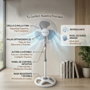 Infografía de ventilador DVTECH destacando su altura ajustable, panel de control intuitivo y bajo nivel de ruido para dormitorios.