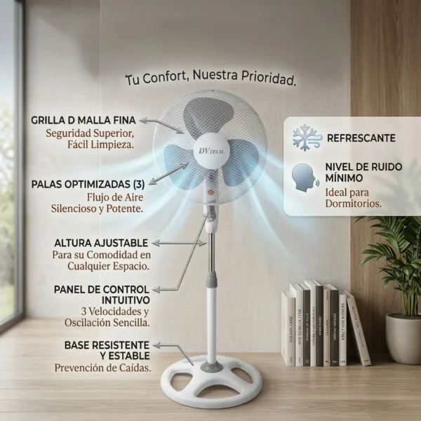 Infografía de ventilador DVTECH destacando su altura ajustable, panel de control intuitivo y bajo nivel de ruido para dormitorios.