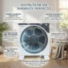 Infografía de ventilador silencioso con detalles de rejilla rotativa 360 grados y distribución de aire homogénea.
