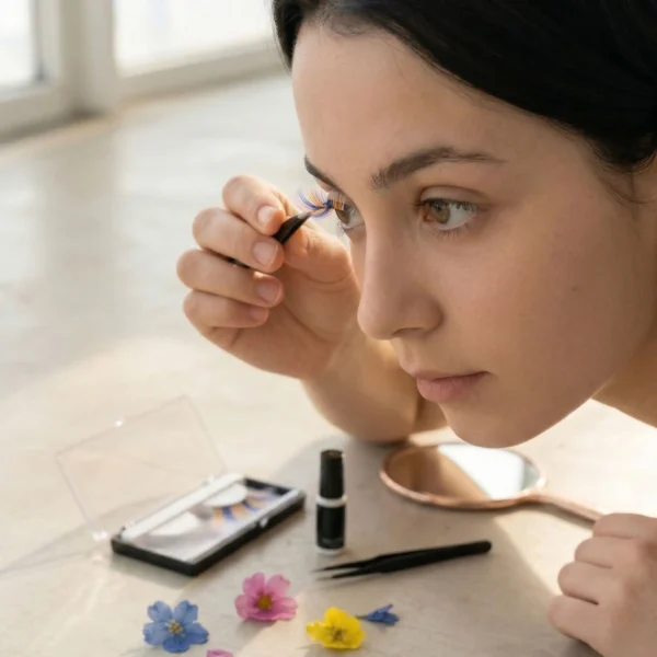 Mujer joven aplicando cuidadosamente una pestaña postiza multicolor con pinzas frente a un espejo en un ambiente iluminado.