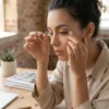 Mujer retirando con cuidado sus pestañas postizas arcoíris reutilizables en un ambiente de tocador iluminado.