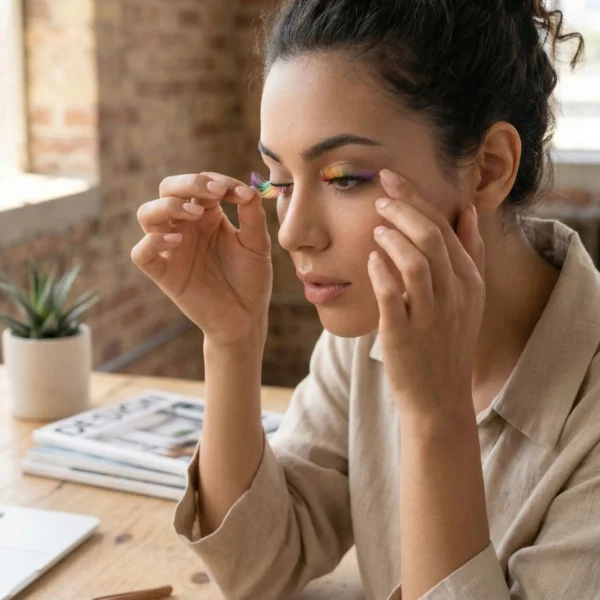Mujer retirando con cuidado sus pestañas postizas arcoíris reutilizables en un ambiente de tocador iluminado.