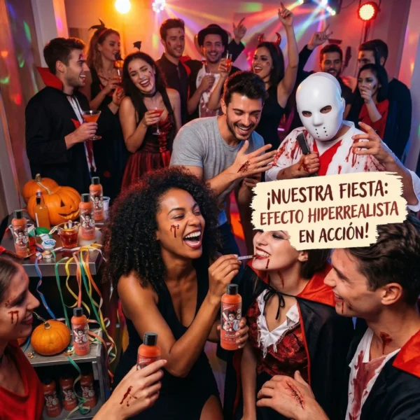 Un grupo de amigos disfrazados en una fiesta con luces de discoteca, aplicando sangre decorativa realista en el labio de una mujer. Varias botellas del producto están sobre la mesa. Un cartel superpuesto dice "¡NUESTRA FIESTA: EFECTO HIPERREALISTA EN ACCIÓN!".