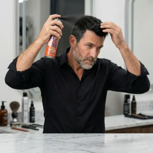 Hombre usando spray de color negro en casa para retocar el color de su cabello y barba de forma rápida.