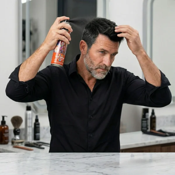 Hombre usando spray de color negro en casa para retocar el color de su cabello y barba de forma rápida.