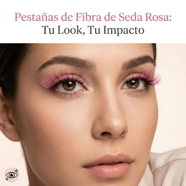 Primer plano de ojos con pestañas de fibra de seda rosa aplicadas, mostrando un volumen suave y color vibrante.