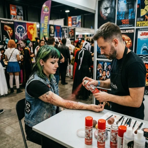 Un maquillador profesional aplicando el spray de sangre decorativa en el brazo de una mujer con caracterización de heridas realistas en un evento de disfraces