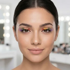 Primer plano de una mujer luciendo pestañas postizas arcoíris para un look de maquillaje de fantasía y festivales.