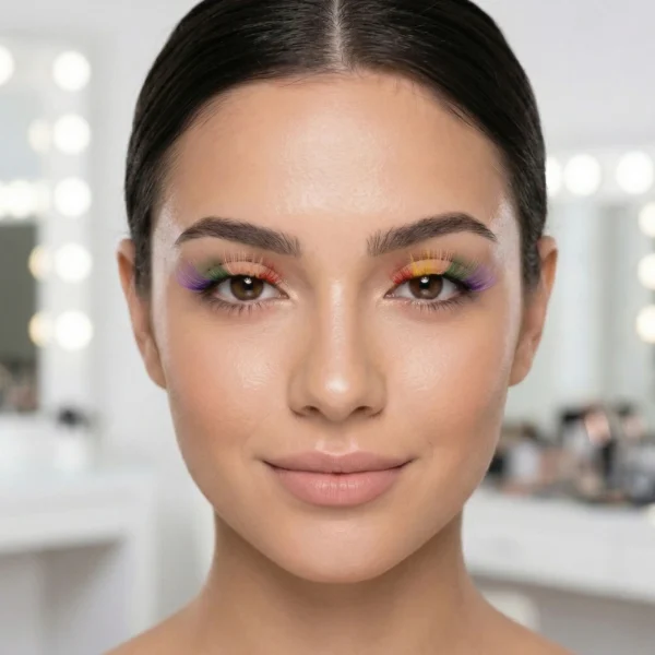 Primer plano de una mujer luciendo pestañas postizas arcoíris para un look de maquillaje de fantasía y festivales.