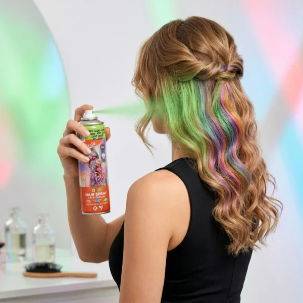 Cabello rubio con mechas de colores fantasía rosa, azul y verde aplicadas con spray de tinte temporal.