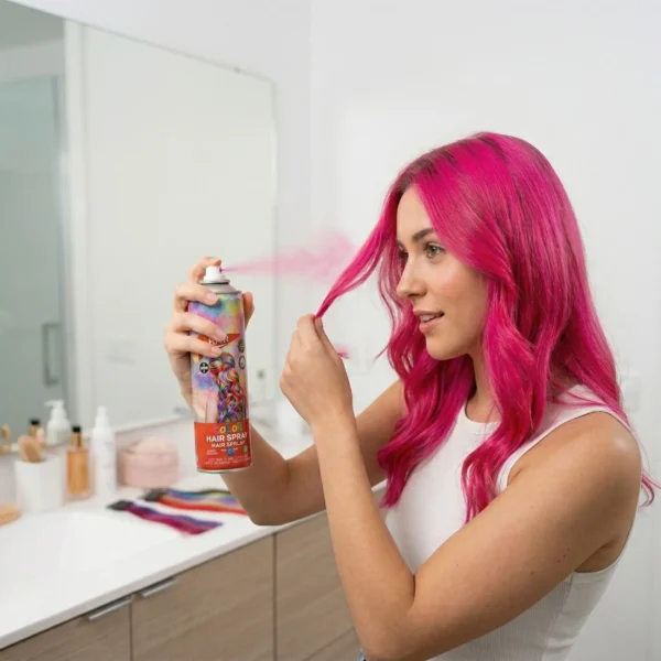 Una joven aplica spray de color rosa vibrante en un mechón de su cabello frente al espejo, logrando un acabado intenso al momento.