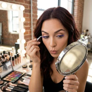 Mujer frente a un espejo de luces aplicando pestañas postizas moradas con pinzas en un estudio de maquillaje profesional.