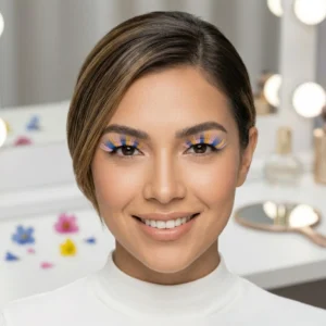 Retrato de mujer sonriendo con un maquillaje de ojos creativo usando pestañas postizas de colores azul, amarillo y rosa.