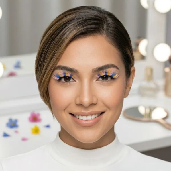 Retrato de mujer sonriendo con un maquillaje de ojos creativo usando pestañas postizas de colores azul, amarillo y rosa.