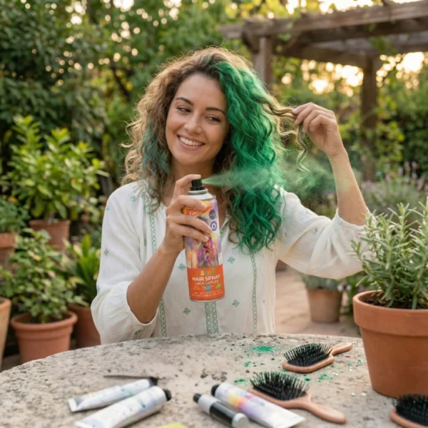 Mujer sonriente mostrando el resultado del spray de color verde en su cabello rizado en un entorno natural exterior.