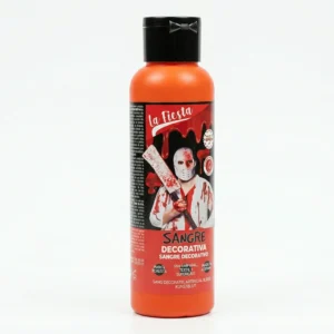 Botella naranja de 200ml de sangre decorativa marca La Fiesta, con tapón negro y etiqueta que muestra un personaje de terror con máscara de hockey y machete.