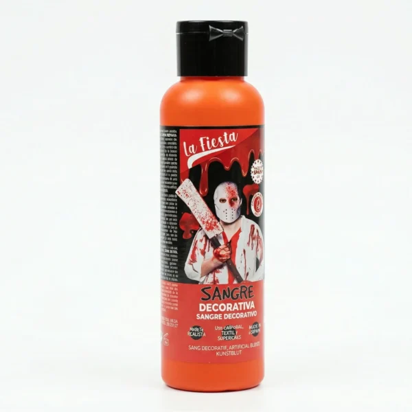 Botella naranja de 200ml de sangre decorativa marca La Fiesta, con tapón negro y etiqueta que muestra un personaje de terror con máscara de hockey y machete.