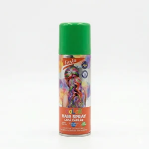 Bote de spray de color verde para el pelo marca Fiesta, laca capilar temporal y lavable con tapa verde sobre fondo blanco.