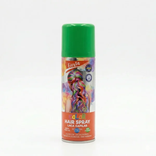 Bote de spray de color verde para el pelo marca Fiesta, laca capilar temporal y lavable con tapa verde sobre fondo blanco.