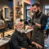 Barbero profesional aplicando spray de color negro para cubrir canas y retocar la línea del cabello en un cliente.