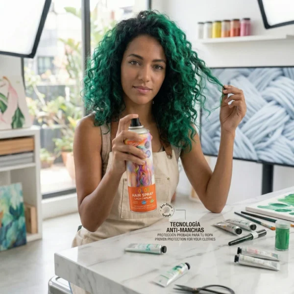 Demostración de la tecnología anti-manchas del spray de color verde Fiesta, protegiendo la ropa durante la aplicación en el cabello.