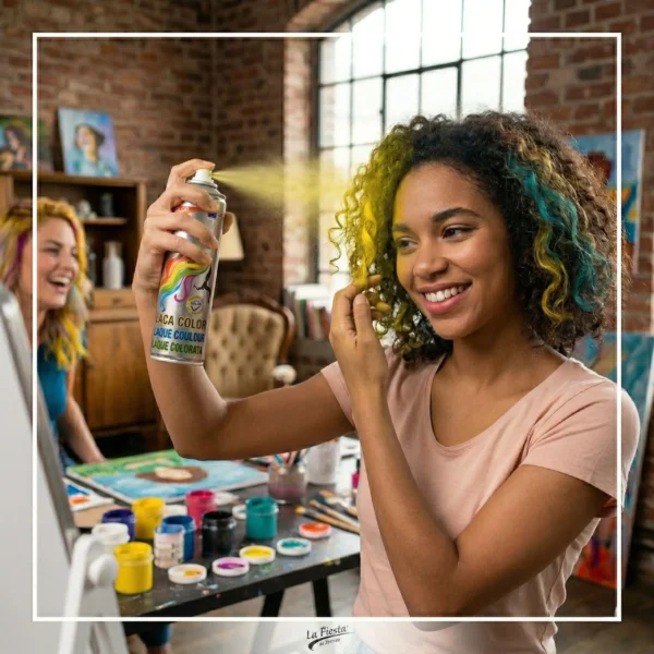 Uso de laca colorata amarilla en cabello rizado en un estudio de arte, demostrando la alta cobertura del tinte temporal en diferentes texturas.